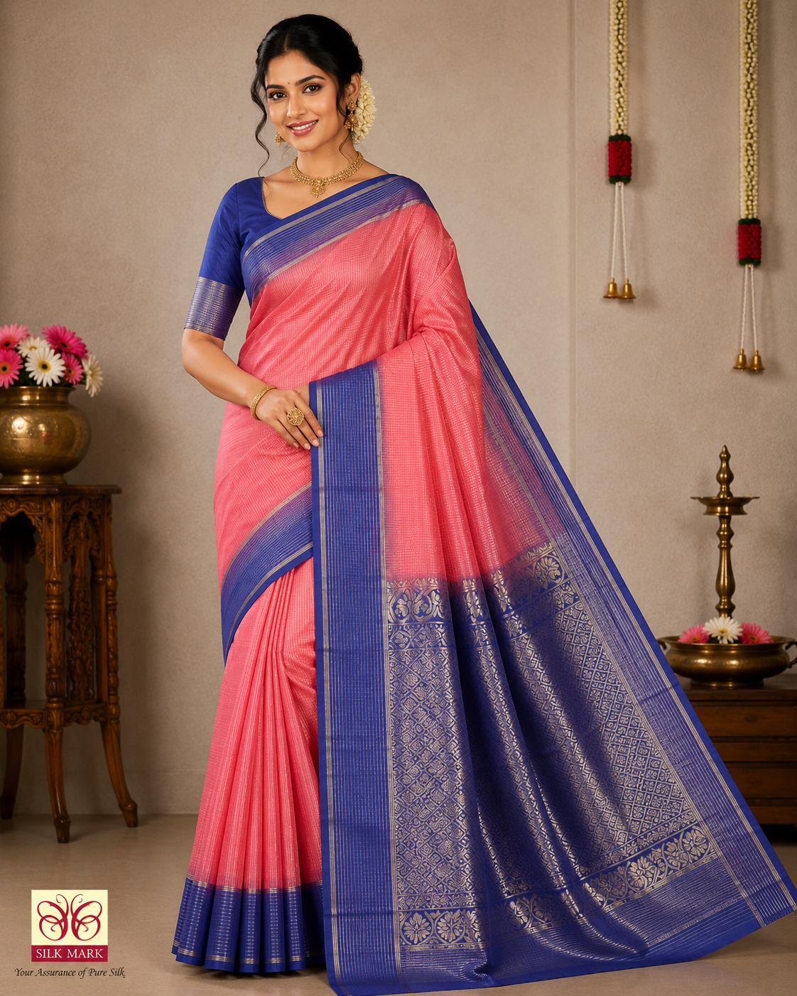 Pure Silk Handloom Soft Silk Saree – Coral Pink with Royal Blue Zari Border