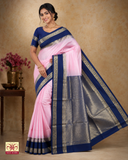 Pure Silk Handloom Soft Silk Saree – Baby Pink with Royal Blue Zari Border