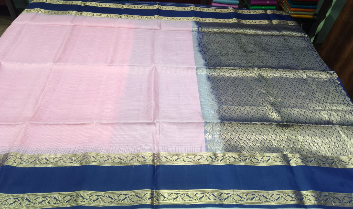 Pure Silk Handloom Soft Silk Saree – Baby Pink with Royal Blue Zari Border