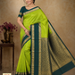 Pure Silk Handloom Softsilk Lime Green & Teal Zari Border Saree