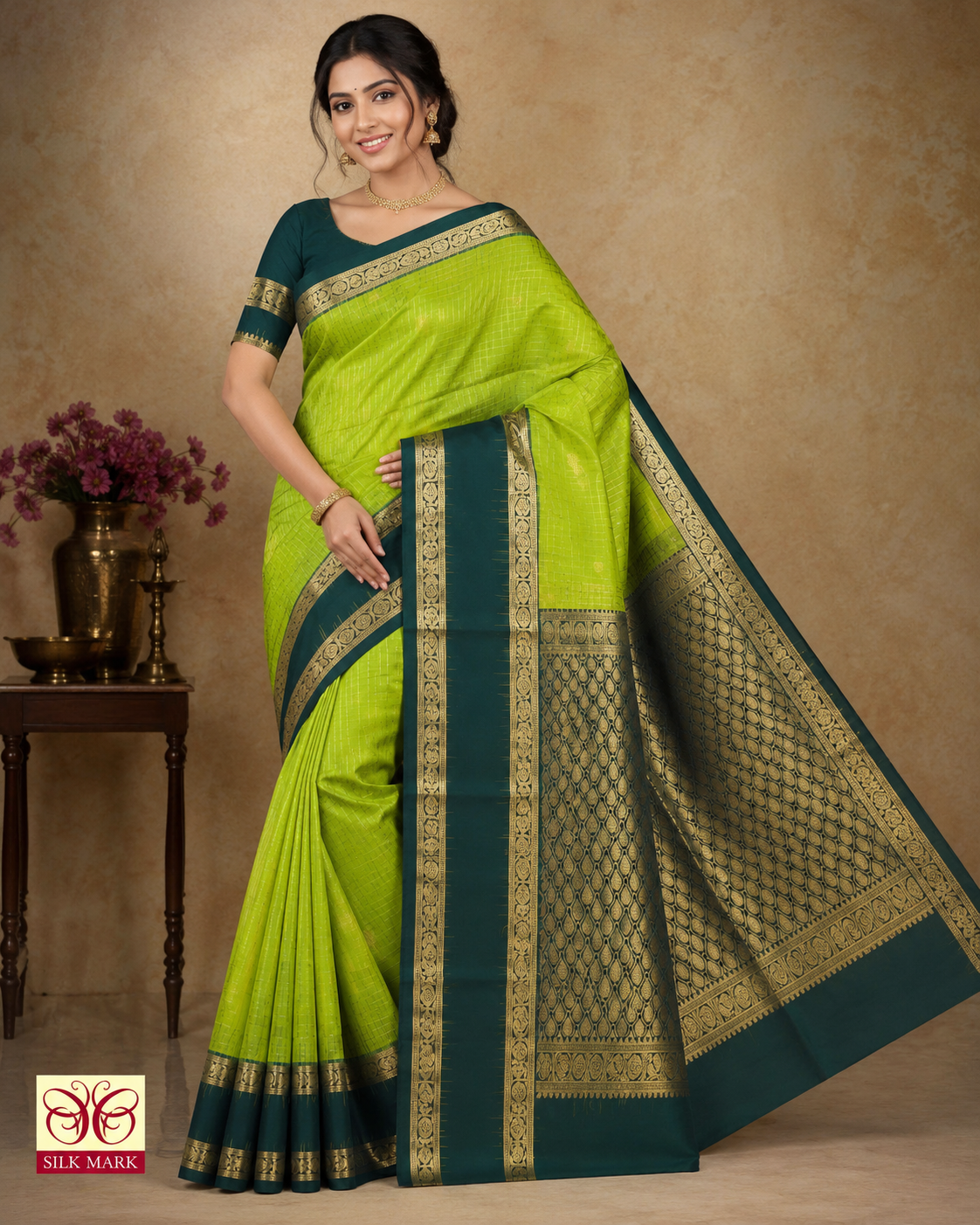 Pure Silk Handloom Softsilk Lime Green & Teal Zari Border Saree