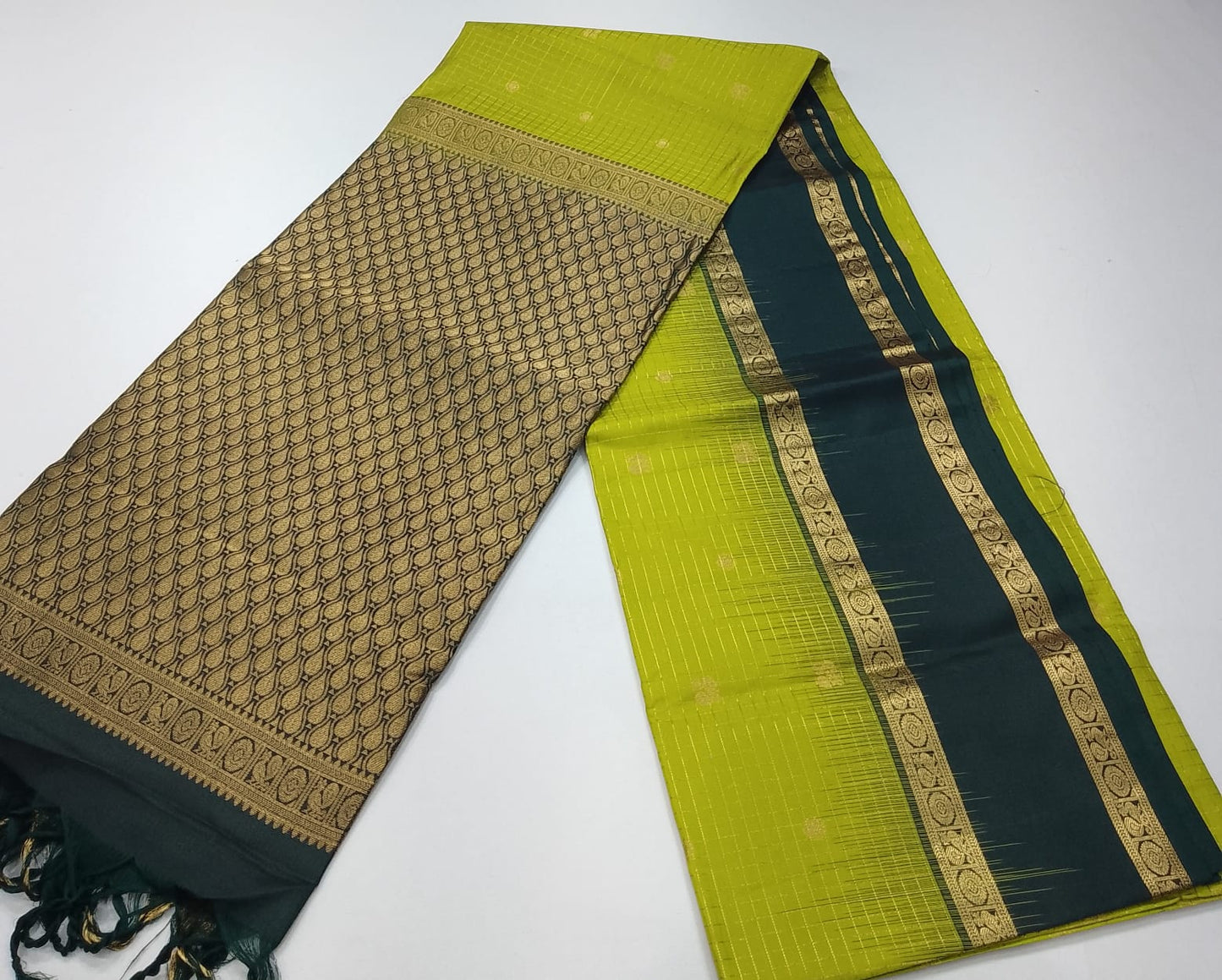 Pure Silk Handloom Softsilk Lime Green & Teal Zari Border Saree