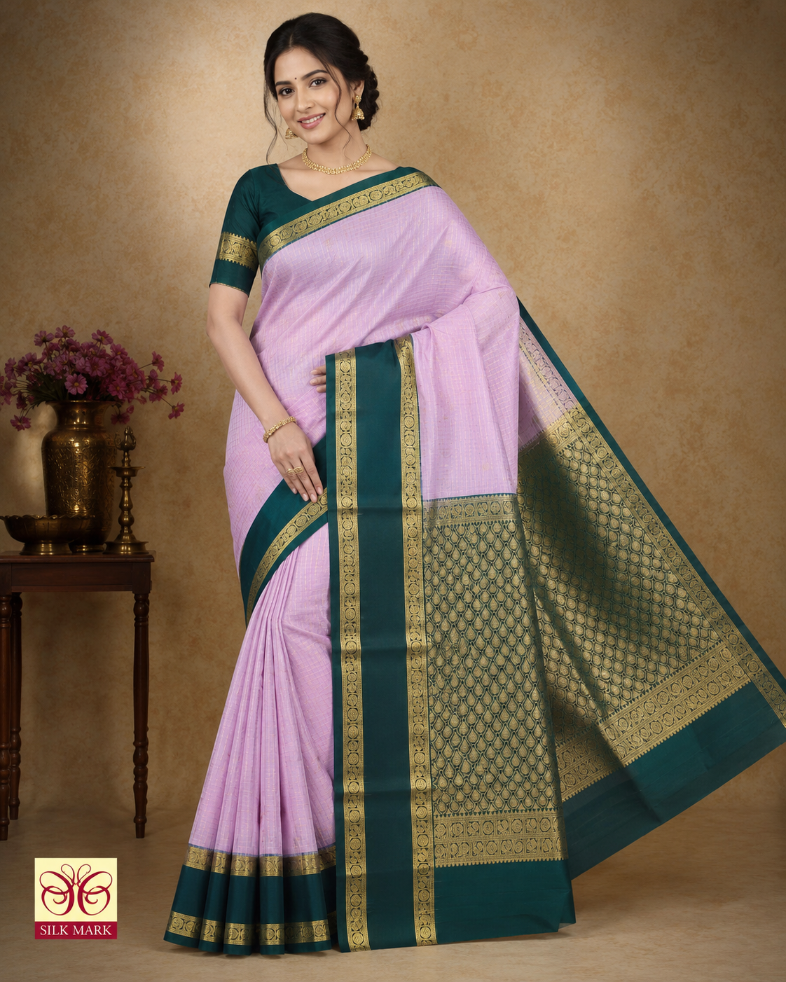 Pure Silk Handloom Softsilk Lavender & Deep Teal Zari Saree