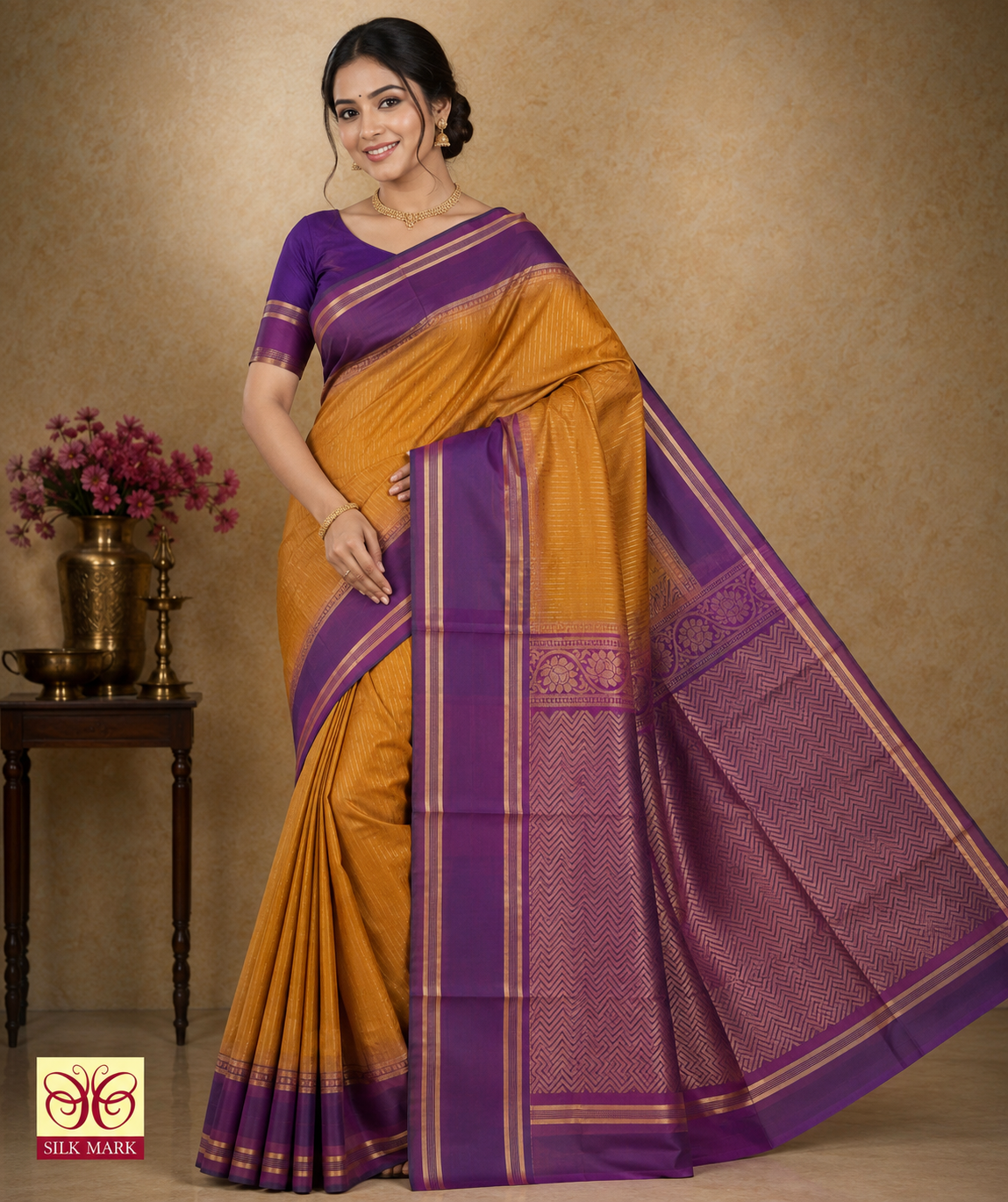 Pure Silk Handloom Softsilk Mustard Gold & Purple Zari Saree