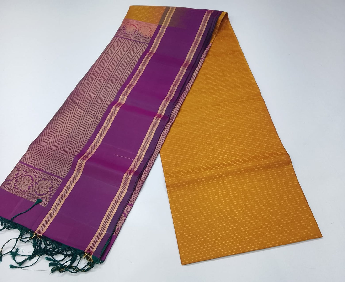 Pure Silk Handloom Softsilk Mustard Gold & Purple Zari Saree