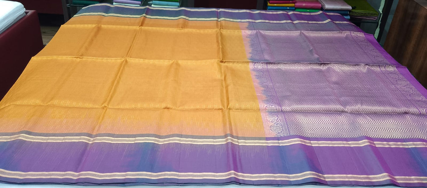 Pure Silk Handloom Softsilk Mustard Gold & Purple Zari Saree