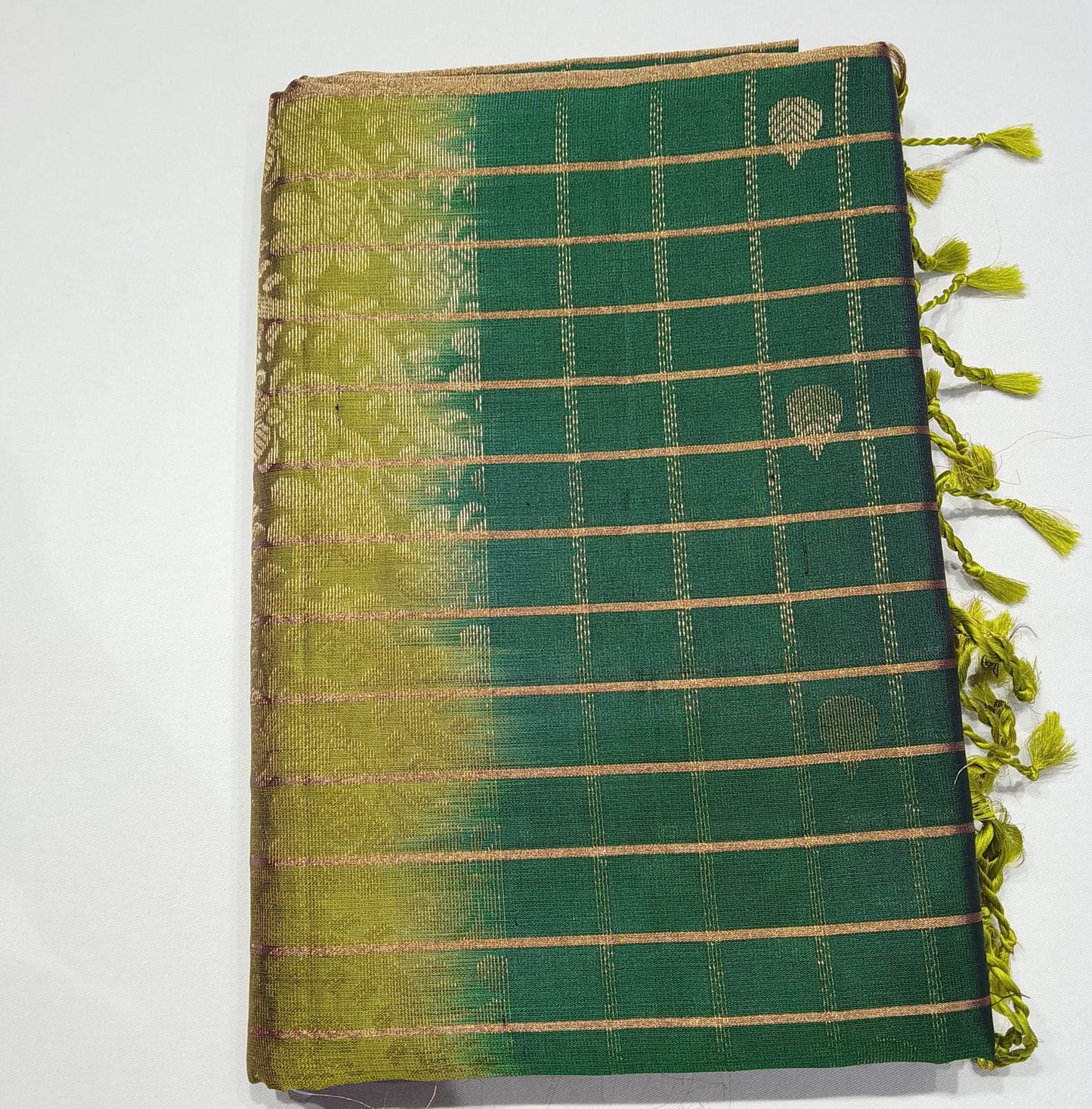 Pure Silk Handloom Soft Silk Bottle Green & Parrot Green Saree with Zari Checks
