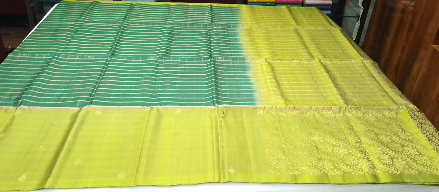 Pure Silk Handloom Soft Silk Bottle Green & Parrot Green Saree with Zari Checks