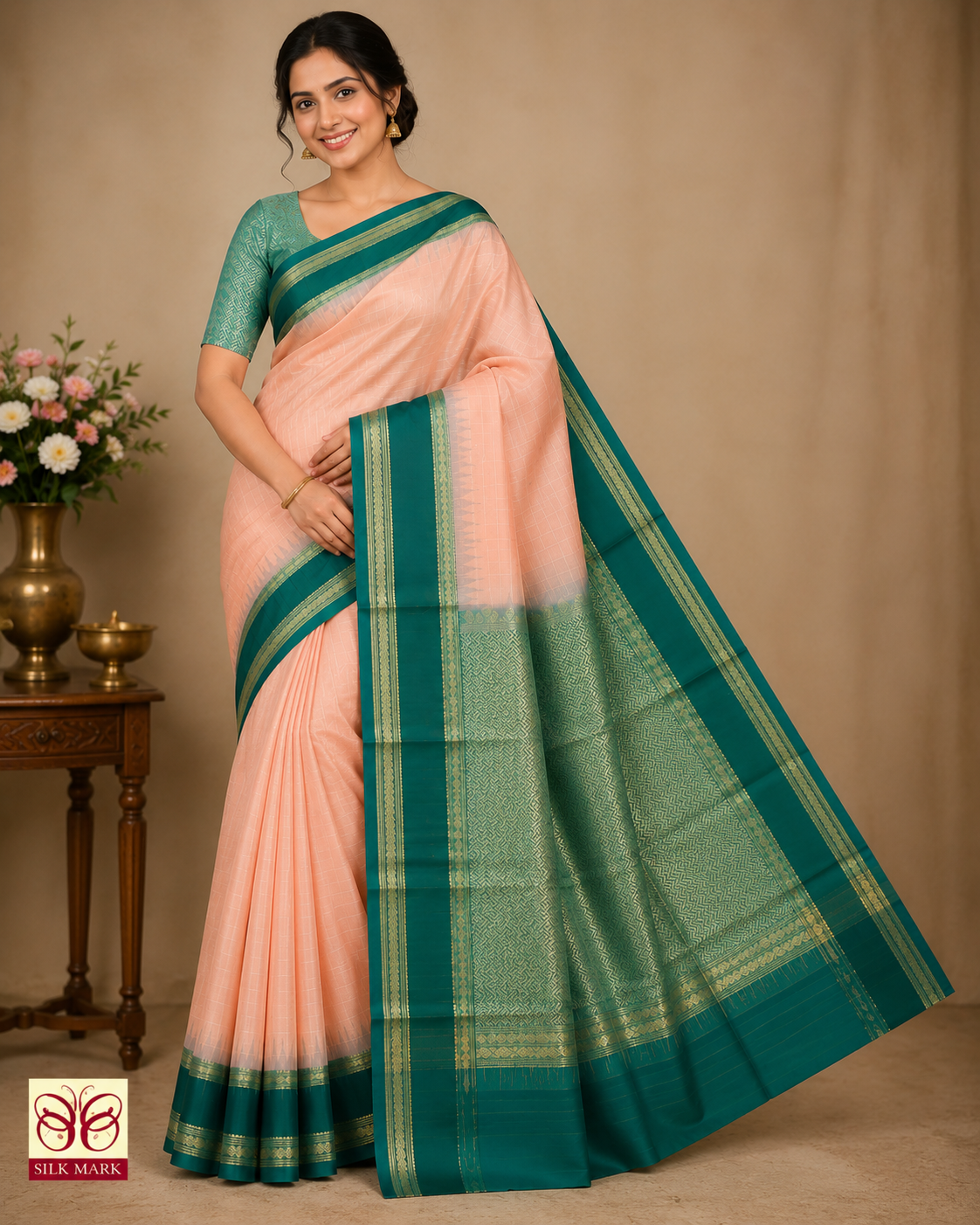 Pure Silk Handloom Soft Silk Saree – Blush Pink with Emerald Green Zari Border