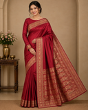 Satin Silk Saree – Deep Wine Maroon with Antique Gold Floral Zari