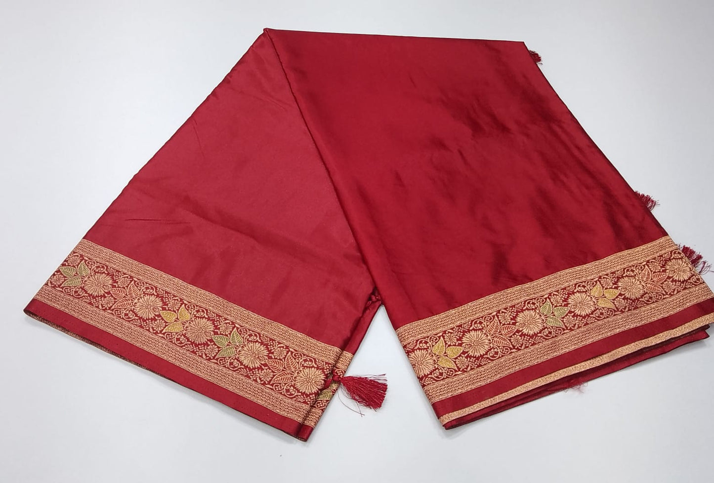Satin Silk Saree – Deep Wine Maroon with Antique Gold Floral Zari