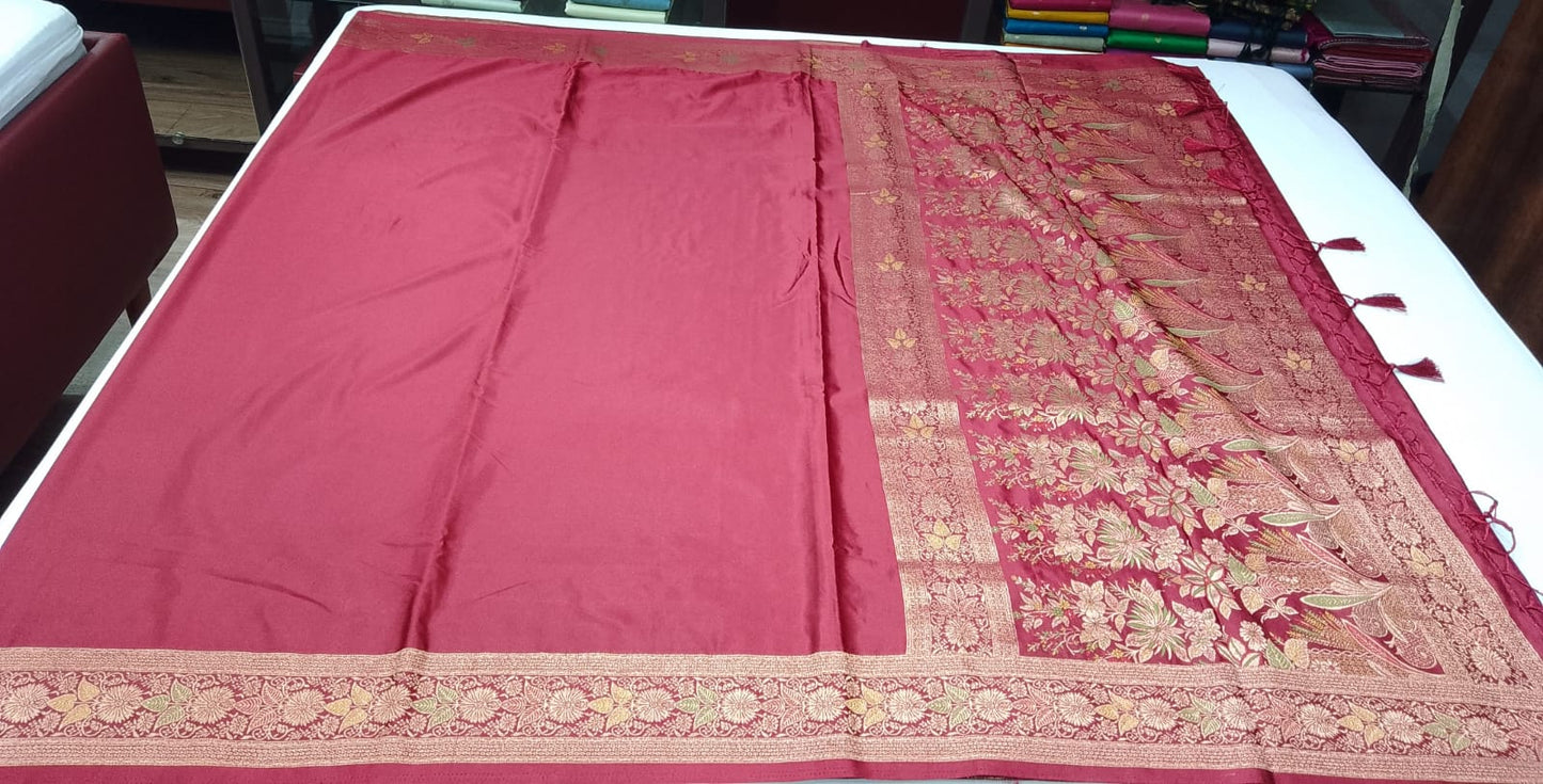 Satin Silk Saree – Deep Wine Maroon with Antique Gold Floral Zari