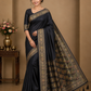 Satin Silk Saree in Charcoal Black with Multicolour Floral Pallu