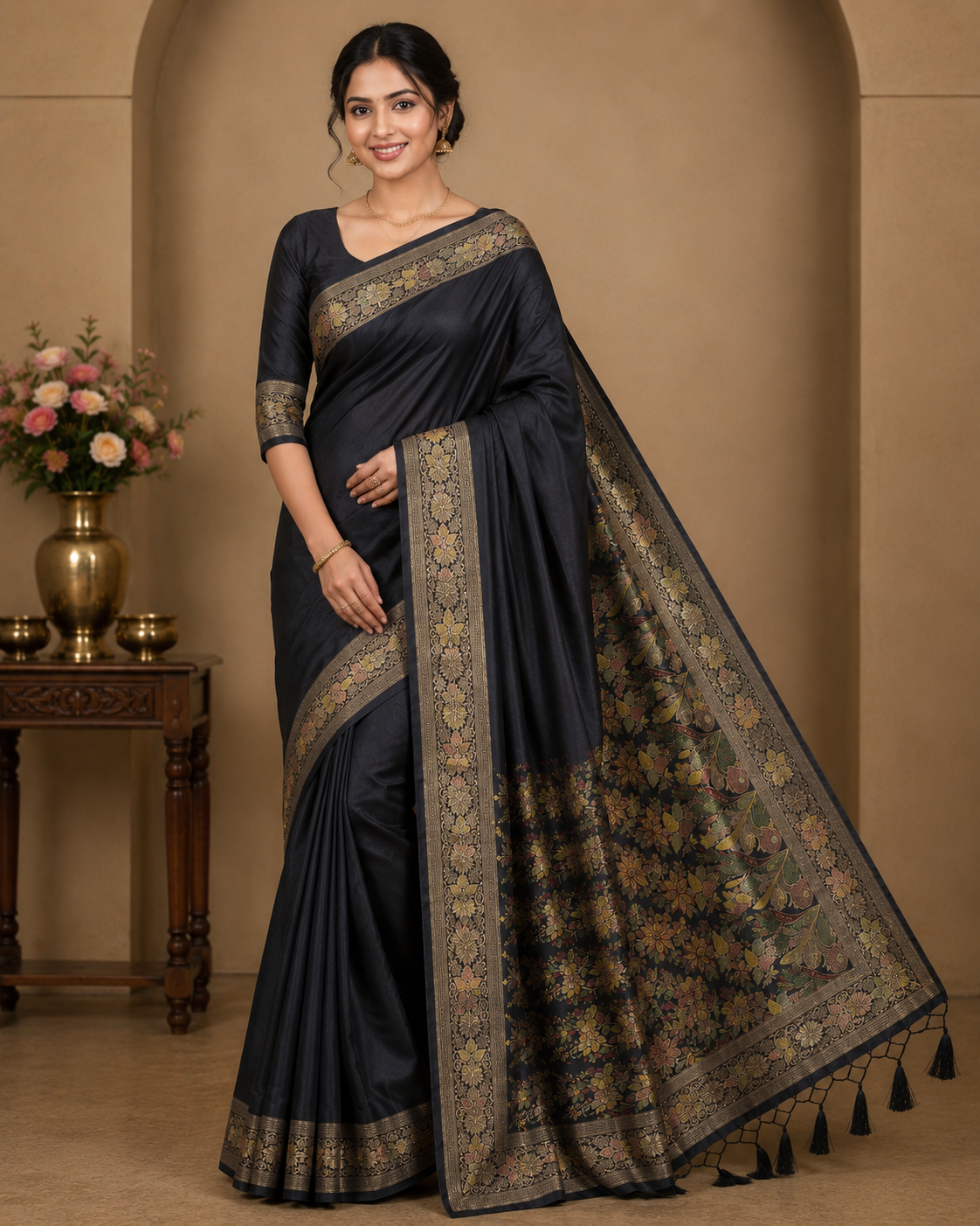 Satin Silk Saree in Charcoal Black with Multicolour Floral Pallu