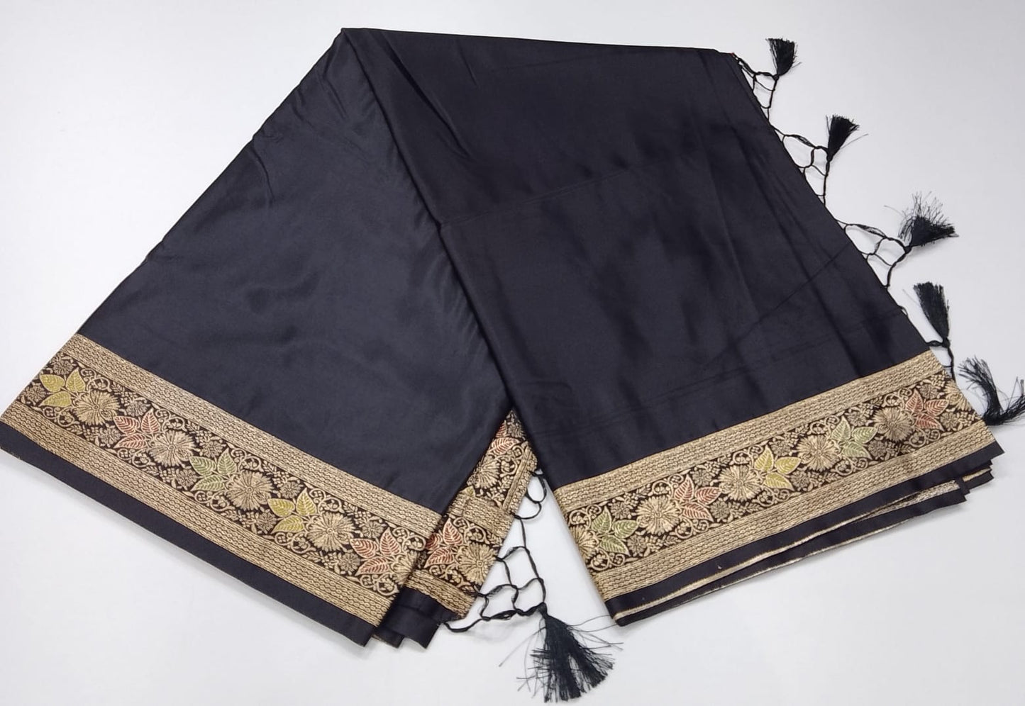 Satin Silk Saree in Charcoal Black with Multicolour Floral Pallu