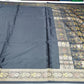 Satin Silk Saree in Charcoal Black with Multicolour Floral Pallu