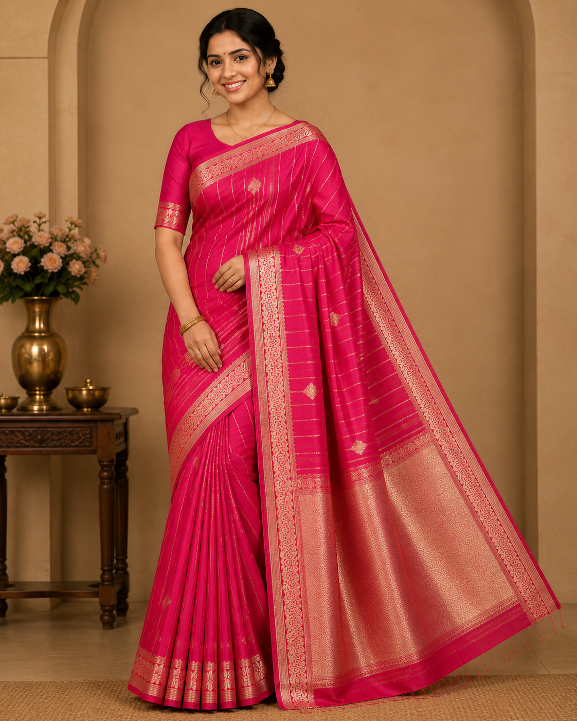 Semi Soft Silk Saree – Rani Pink with Antique Gold Zari Border