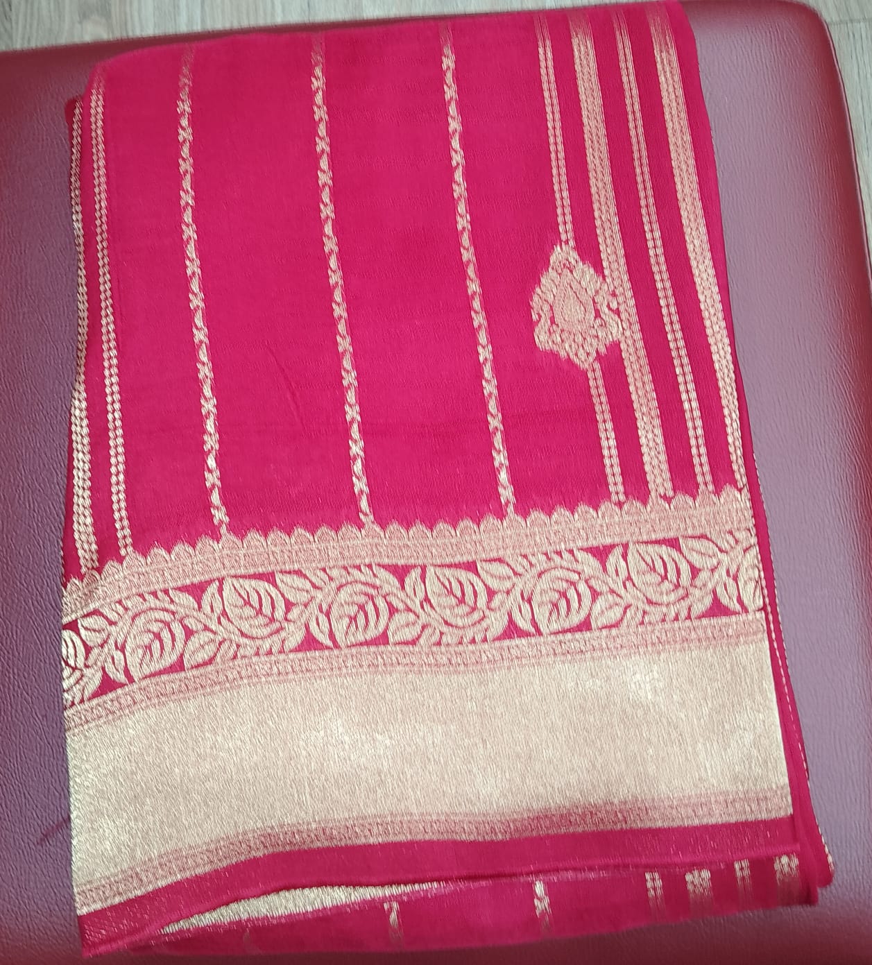 Semi Soft Silk Saree – Rani Pink with Antique Gold Zari Border