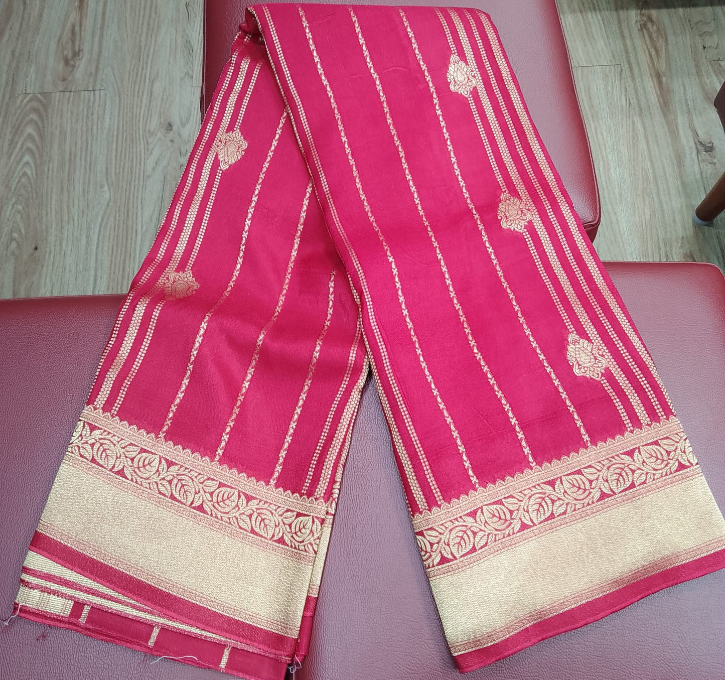 Semi Soft Silk Saree – Rani Pink with Antique Gold Zari Border