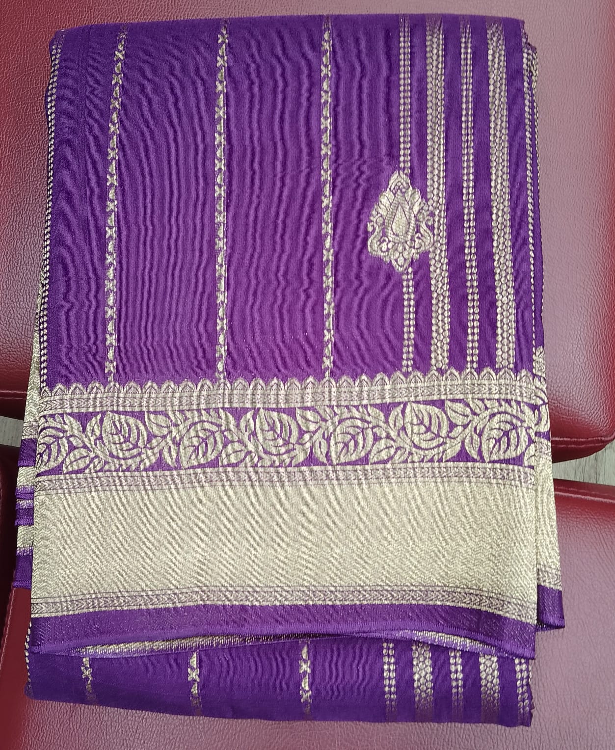 Elegant Purple Semi Soft Silk Saree with Gold Zari Stripes & Floral Border