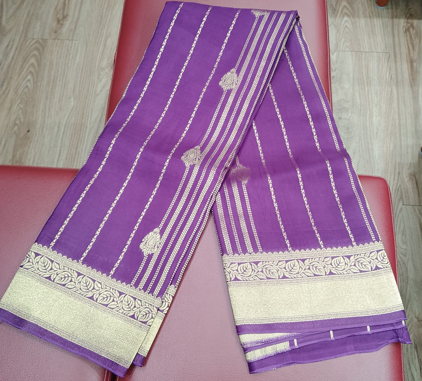 Elegant Purple Semi Soft Silk Saree with Gold Zari Stripes & Floral Border