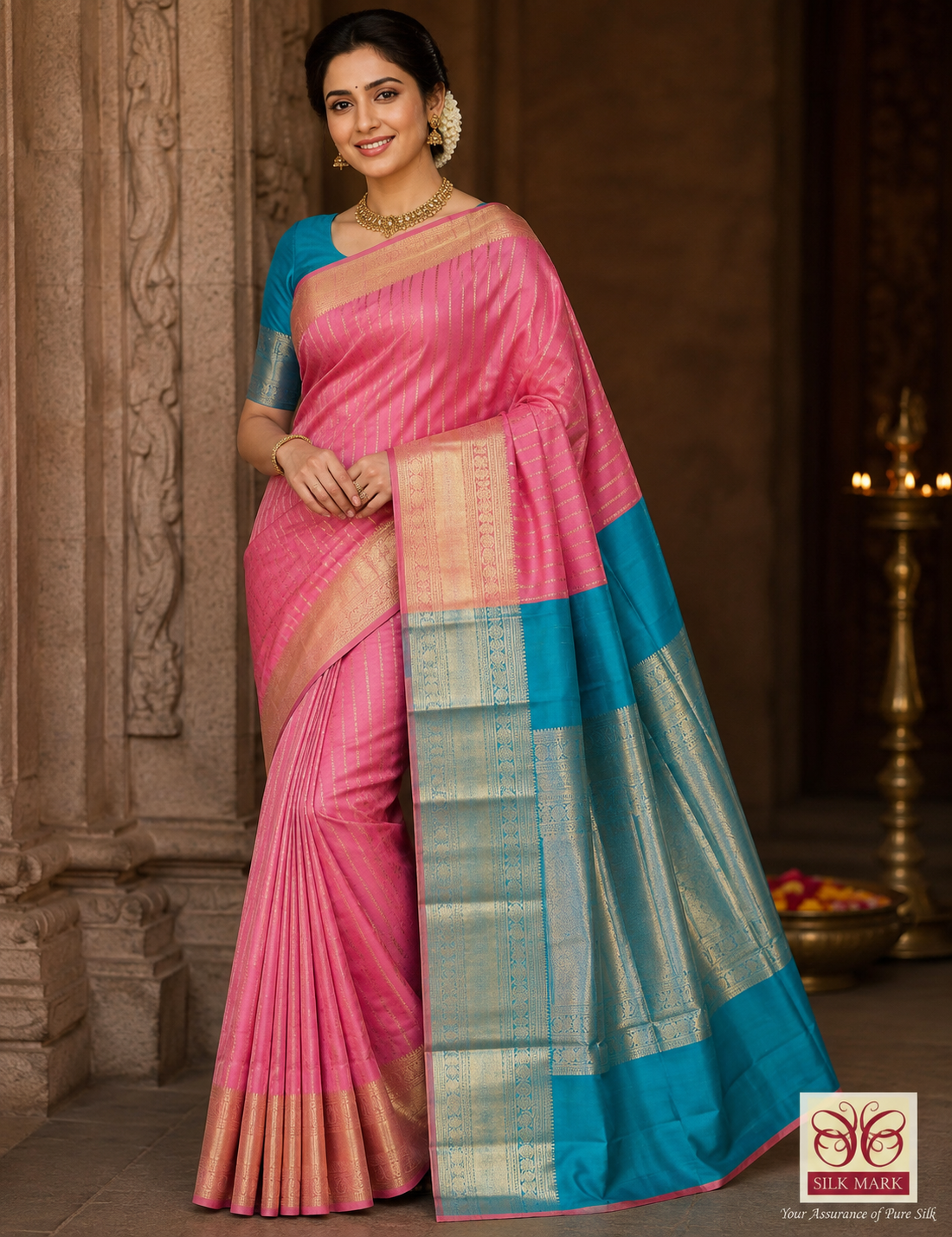 Pure Silk Handloom Kanjivaram Rose Pink & Turquoise Blue Saree with Rich Zari Border
