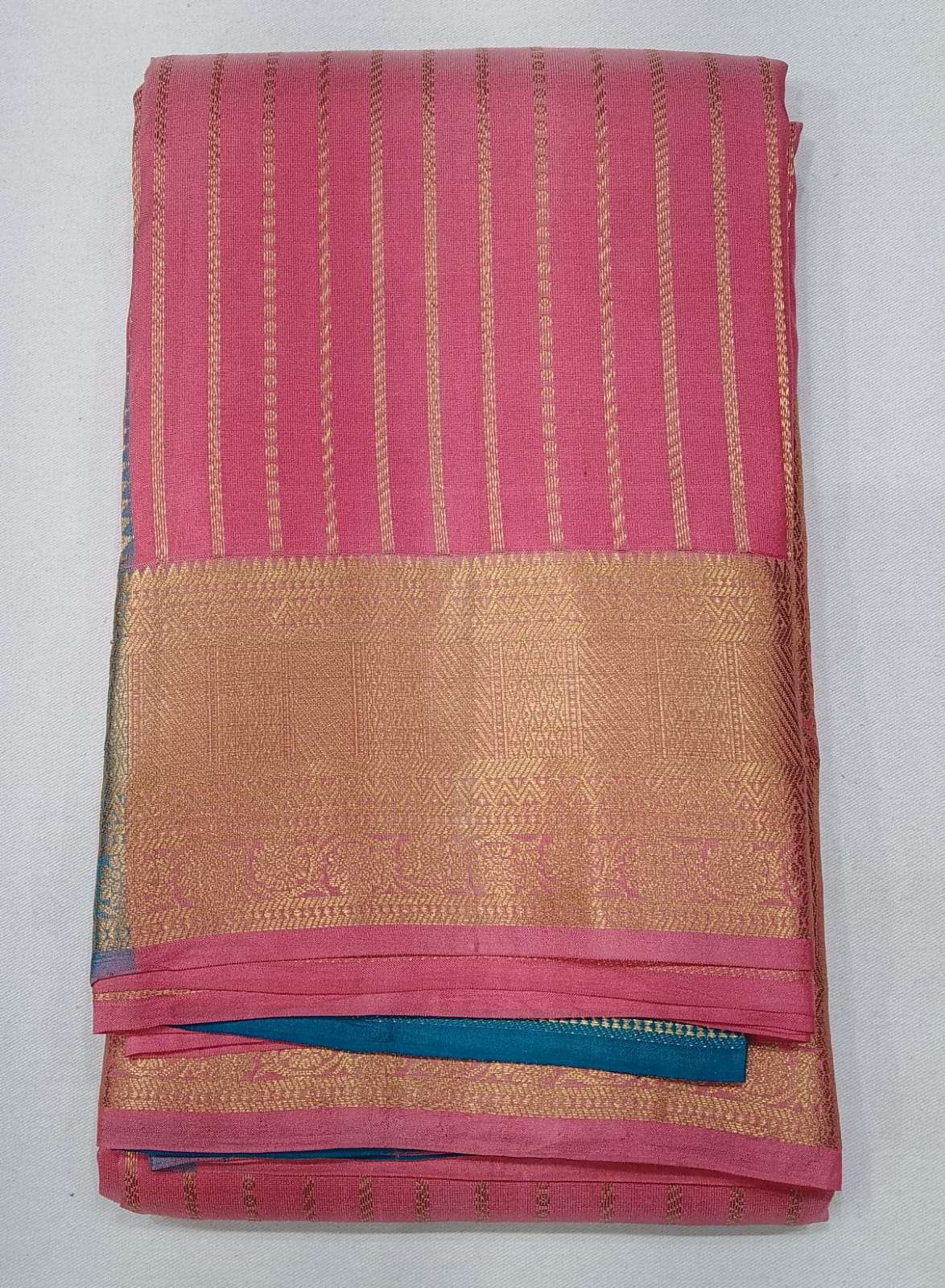 Pure Silk Handloom Kanjivaram Rose Pink & Turquoise Blue Saree with Rich Zari Border