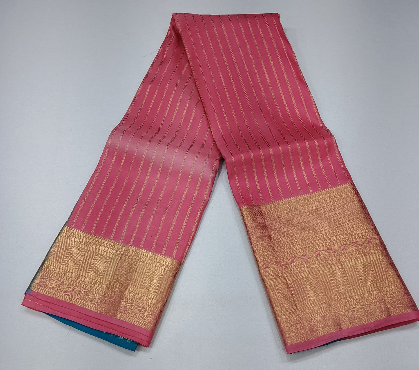 Pure Silk Handloom Kanjivaram Rose Pink & Turquoise Blue Saree with Rich Zari Border