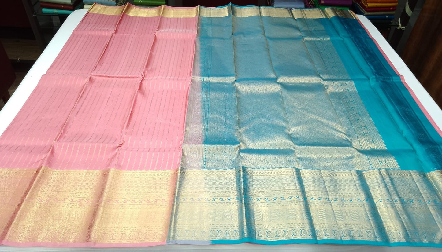Pure Silk Handloom Kanjivaram Rose Pink & Turquoise Blue Saree with Rich Zari Border