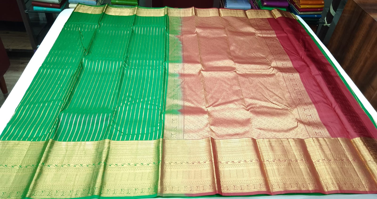 Pure Silk Handloom Kanjivaram Green & Maroon Saree with Rich Zari Border