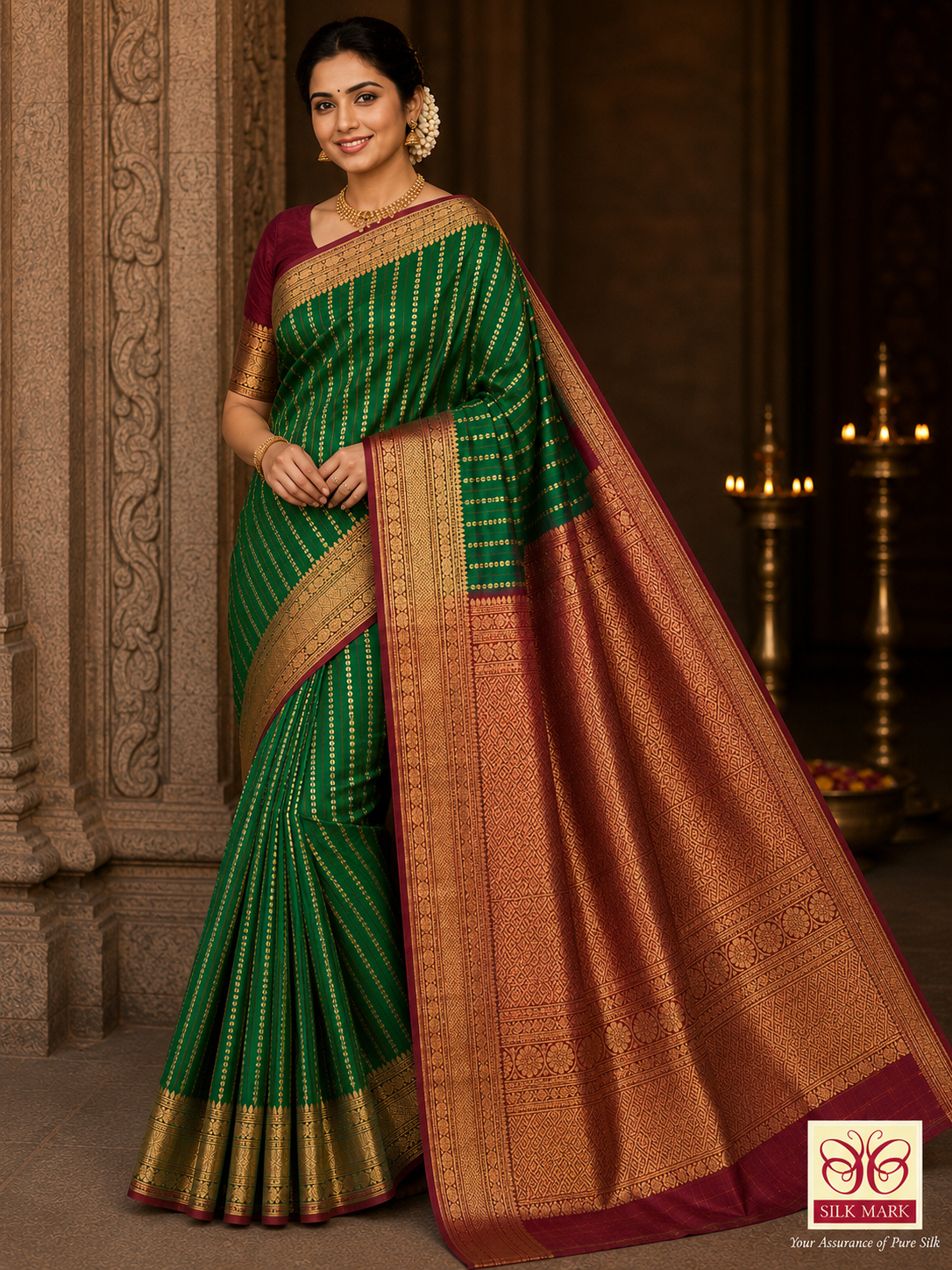 Pure Silk Handloom Kanjivaram Green & Maroon Saree with Rich Zari Border