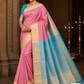 Pure Silk Handloom Kanjivaram Rose Pink & Turquoise Blue Saree with Rich Zari Border