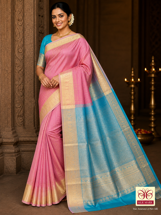 Pure Silk Handloom Kanjivaram Rose Pink & Turquoise Blue Saree with Rich Zari Border