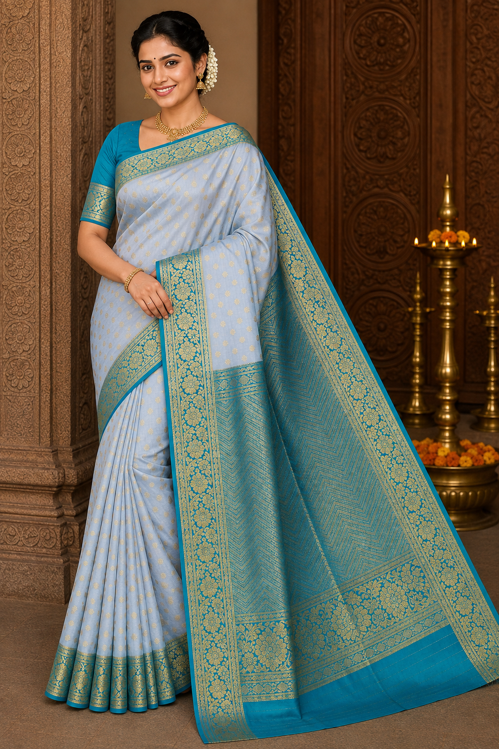 Semi Silk Butta - Light Powder Blue & Turquoise Blue Saree with Rich Gold Zari