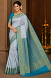 Semi Silk Butta - Light Powder Blue & Turquoise Blue Saree with Rich Gold Zari