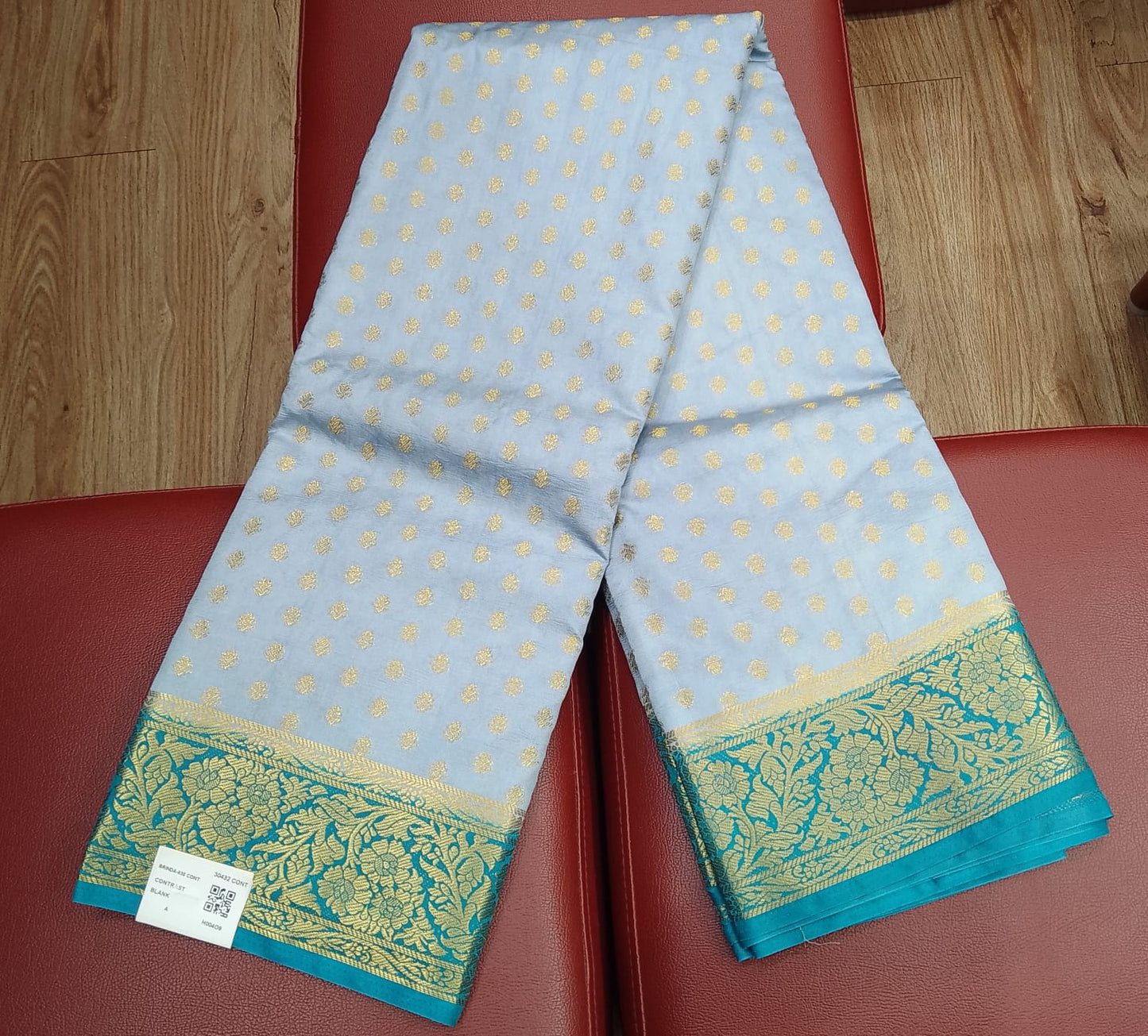 Semi Silk Butta - Light Powder Blue & Turquoise Blue Saree with Rich Gold Zari