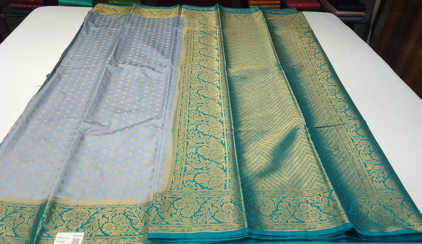 Semi Silk Butta - Light Powder Blue & Turquoise Blue Saree with Rich Gold Zari