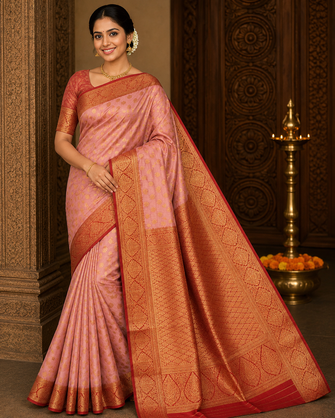 Semi Silk Butta - Dusty Peach Rose Pink Saree with Rich Maroon Zari Border