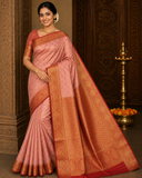 Semi Silk Butta - Dusty Peach Rose Pink Saree with Rich Maroon Zari Border