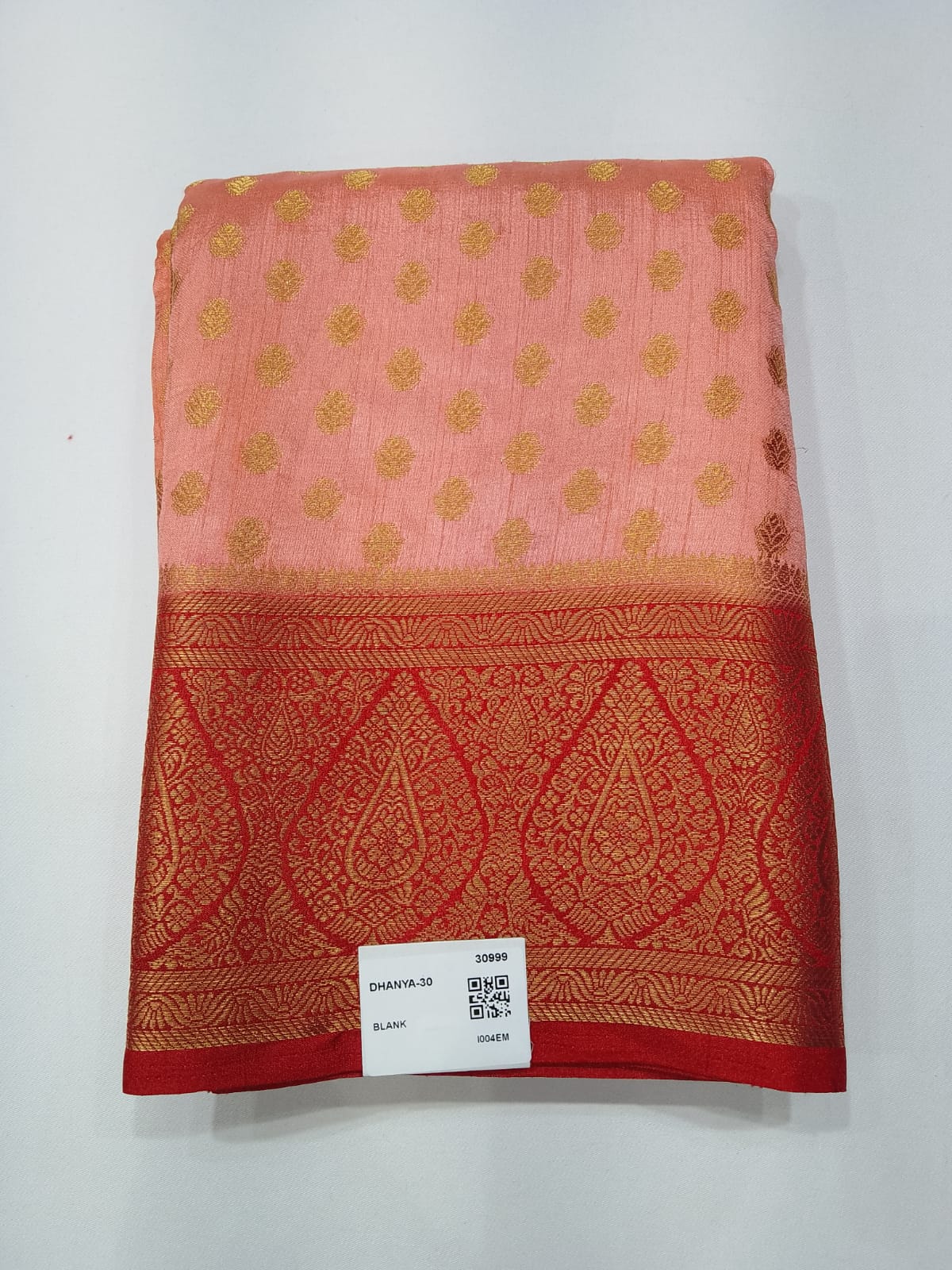 Semi Silk Butta - Dusty Peach Rose Pink Saree with Rich Maroon Zari Border