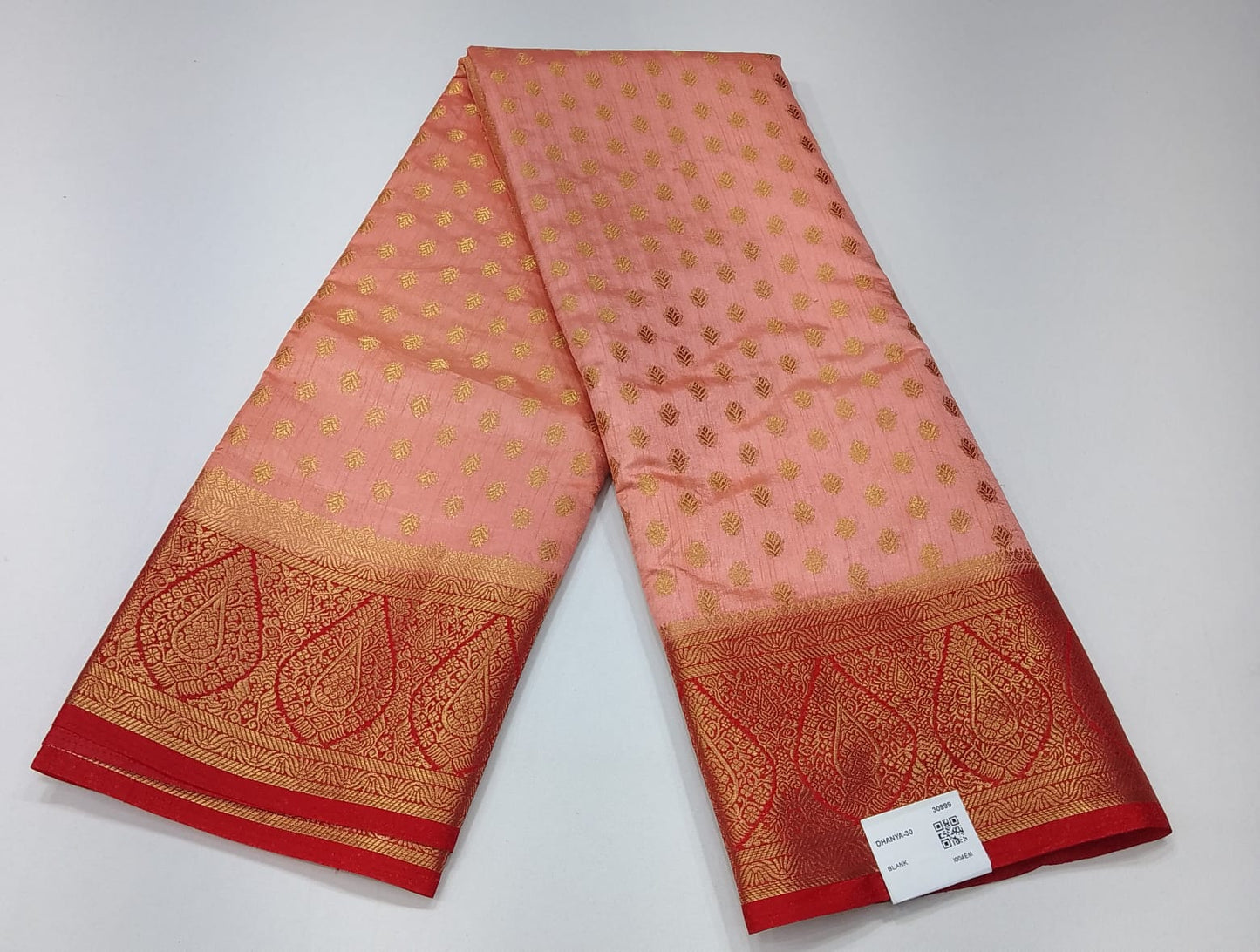 Semi Silk Butta - Dusty Peach Rose Pink Saree with Rich Maroon Zari Border