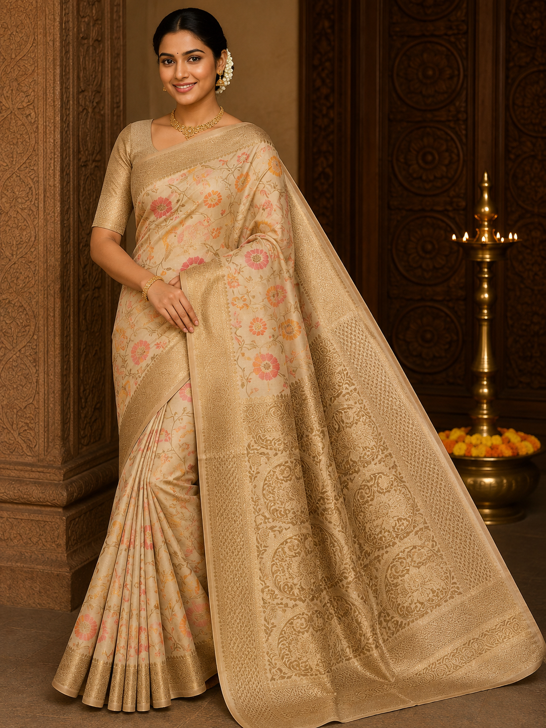 Elegant Beige Floral Cotton Silk Saree with Rich Zari Pallu