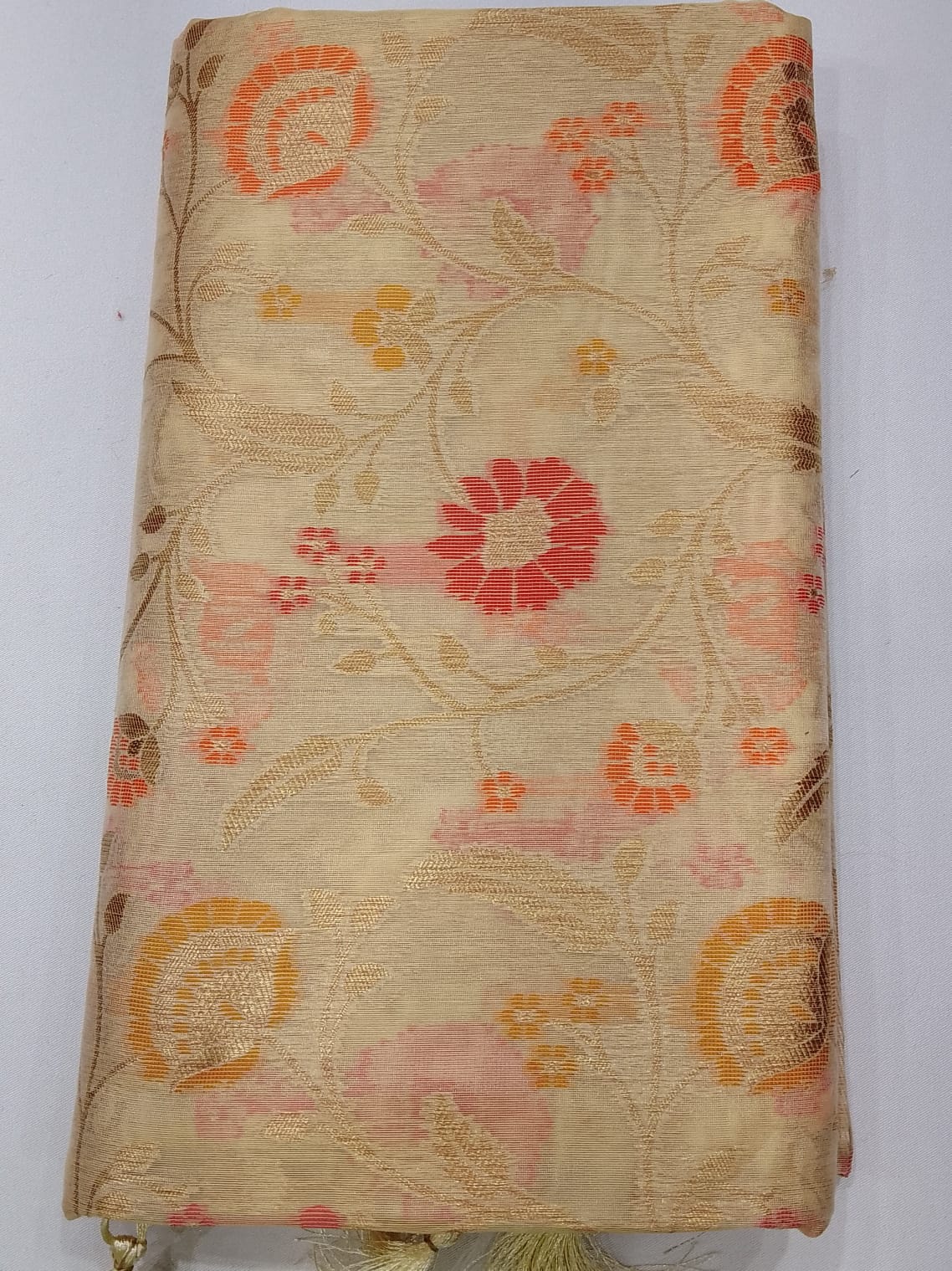 Elegant Beige Floral Cotton Silk Saree with Rich Zari Pallu