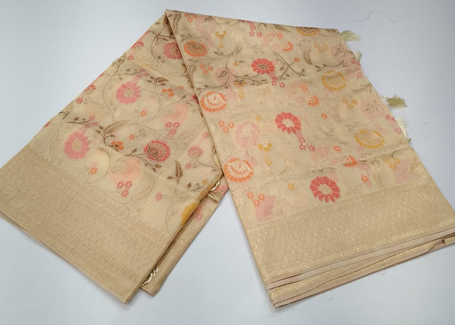 Elegant Beige Floral Cotton Silk Saree with Rich Zari Pallu