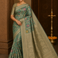 Elegant Teal Green Floral Cotton Silk Saree with Antique Gold Zari Pallu