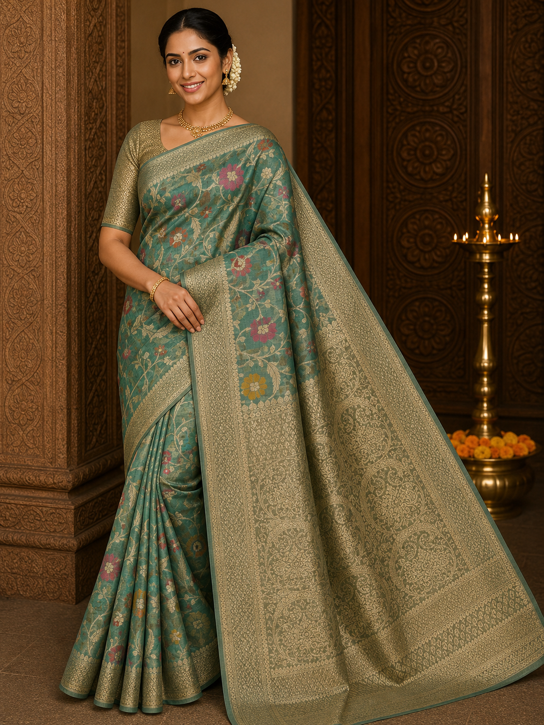 Elegant Teal Green Floral Cotton Silk Saree with Antique Gold Zari Pallu
