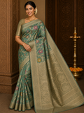 Elegant Teal Green Floral Cotton Silk Saree with Antique Gold Zari Pallu