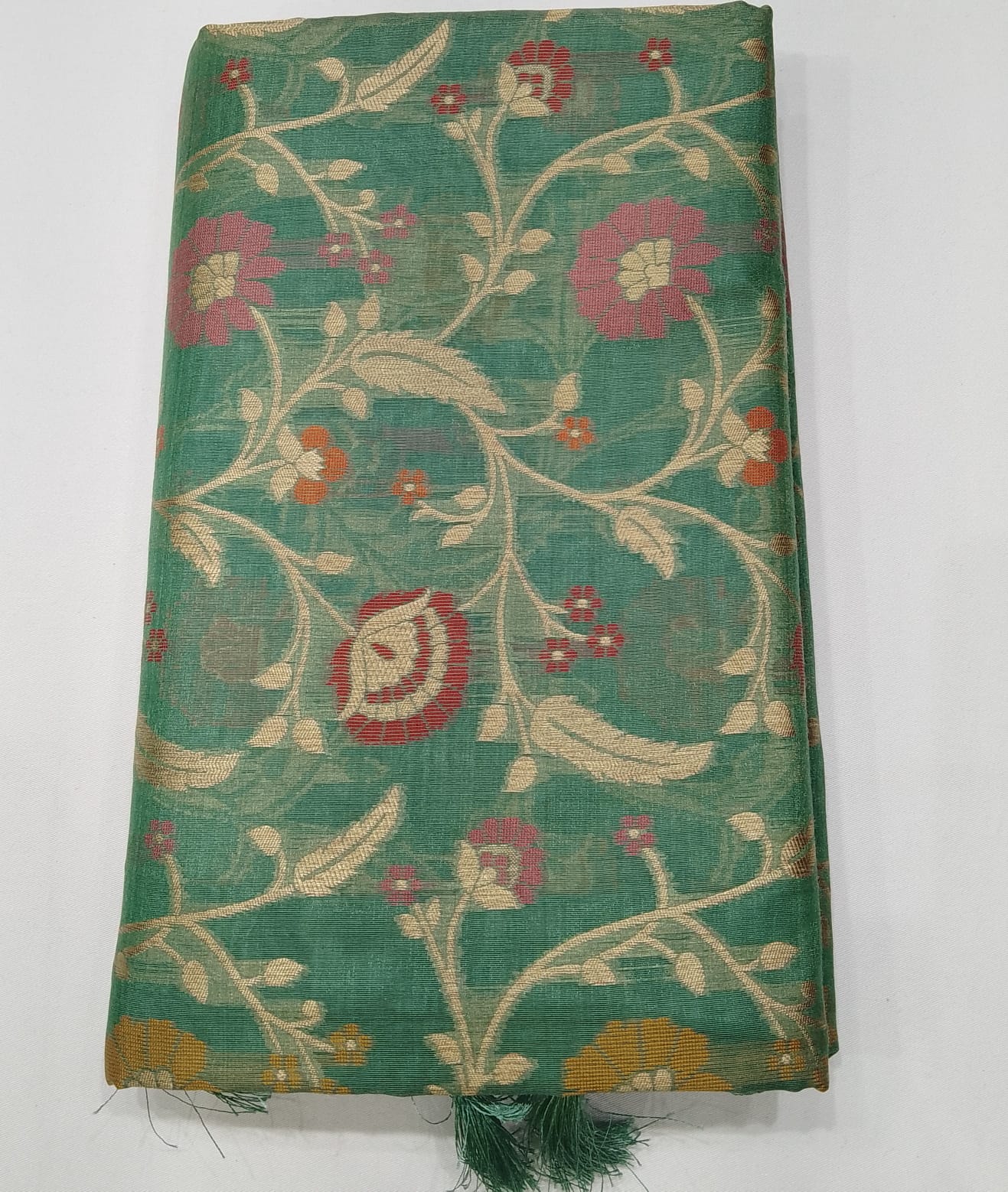 Elegant Teal Green Floral Cotton Silk Saree with Antique Gold Zari Pallu