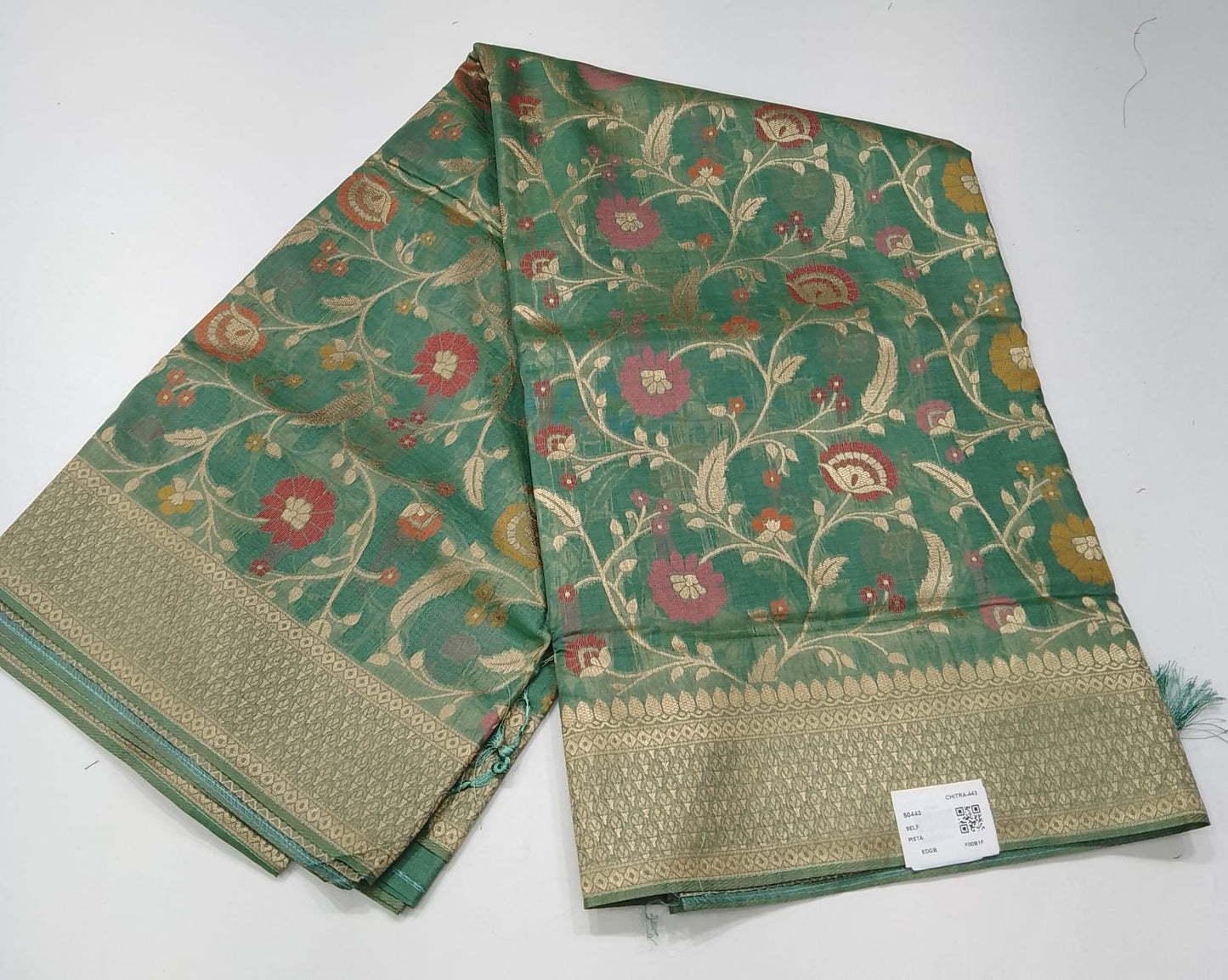 Elegant Teal Green Floral Cotton Silk Saree with Antique Gold Zari Pallu