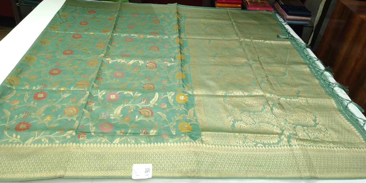 Elegant Teal Green Floral Cotton Silk Saree with Antique Gold Zari Pallu
